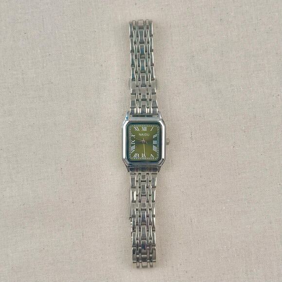 Silver Watch green Face Unisex Minimalist 1.5" Diameter Quartz New - Picture 2 of 7